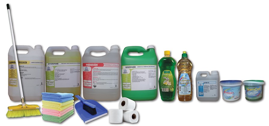 A selection of Cernol Chemicals products — laundry bleach, Steripine, Phoskleen, dishwash, Swan Pine Gel and hygiene consumables — manufactured in Windhoek